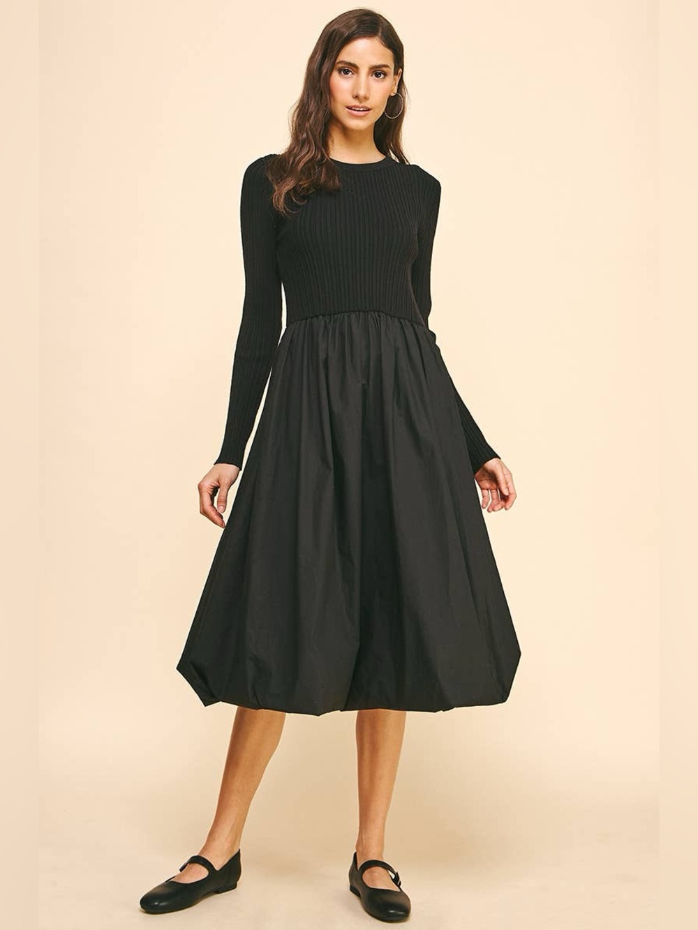 Pinch Black Ribbed-Bodice Long-Sleeve Midi Dress with Bubble Skirt